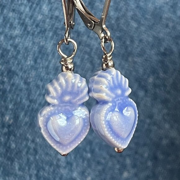 Blue Sacred Heart Ceramic Dangle Earrings, Milagro, Ex-Voto, Small Earrings - Picture 4 of 6